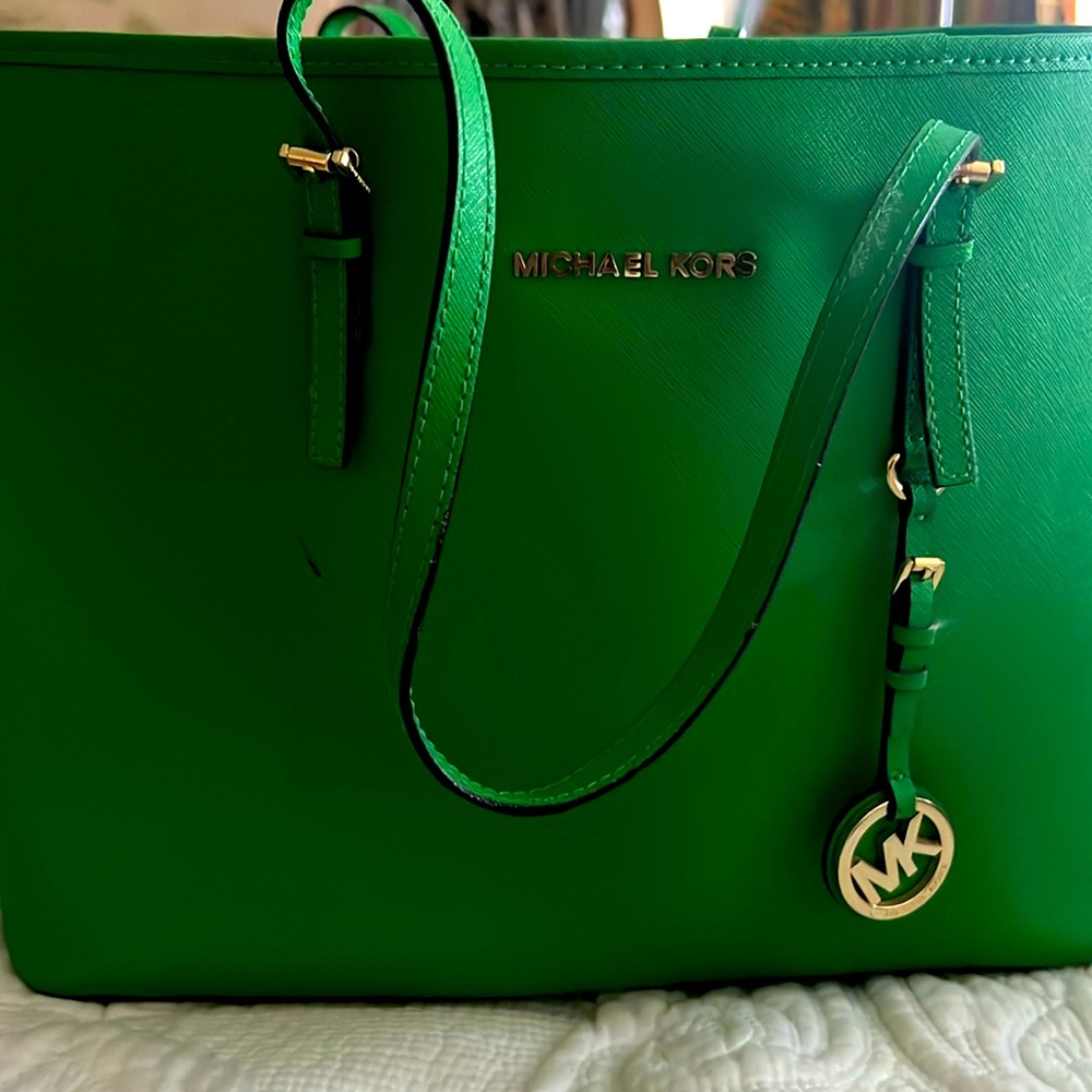 Michael Kors Green Saffiano Leather Tote with Gold Hardware